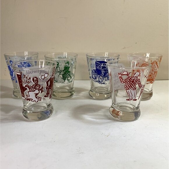 Vintage 40s Set of 6 Hazel Atlas Cordial Glasses Novelty Sing-A-Song Vaudeville - Picture 2 of 7